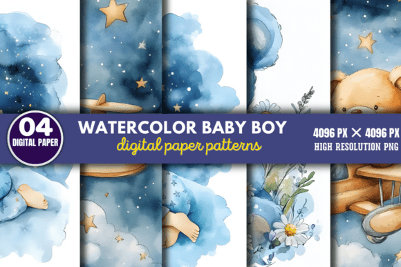 Download Watercolor Baby Boy Scenes Paper Pattern - Paper pattern Collection